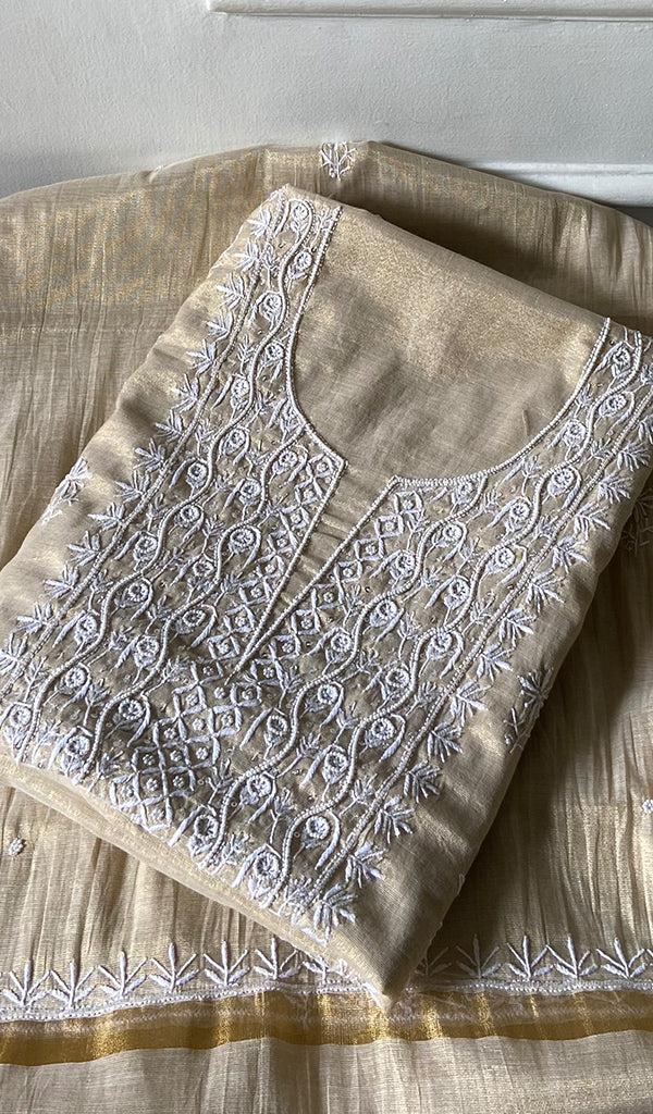 Women's Lakhnavi Handcrafted Tissue Chanderi Unstitched Chikankari Kurta And Dupatta Set - HONC0359998