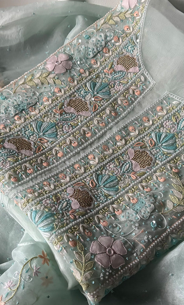 Women's Lakhnavi Handcrafted Pure Organza Chikankari Unstitched Kurta And Dupatta Set- HONC0323650