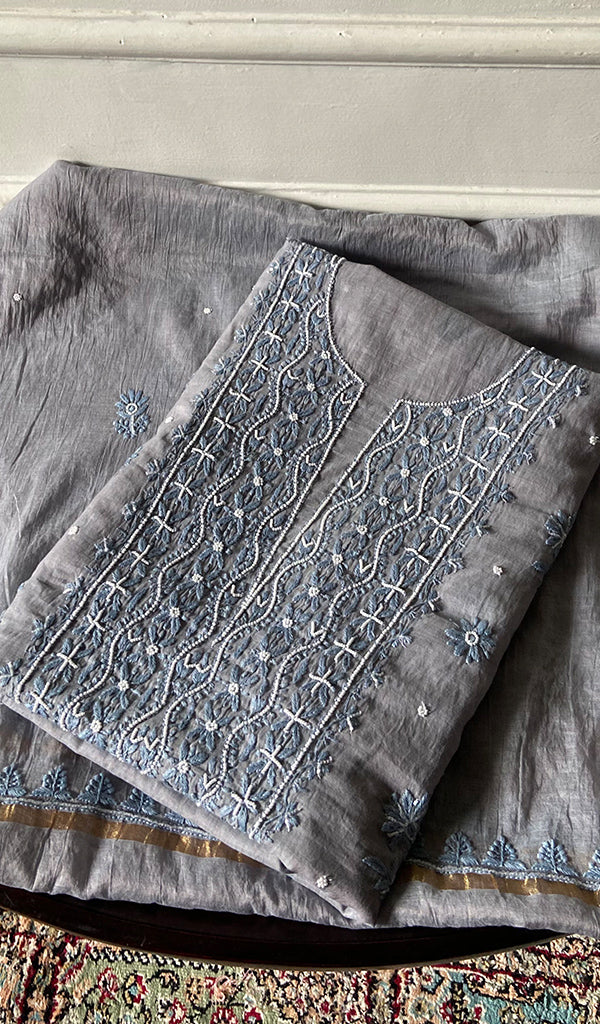 Women's Lakhnavi Handcrafted Mul Chanderi Unstitched Chikankari Full Suit- HONC0354632