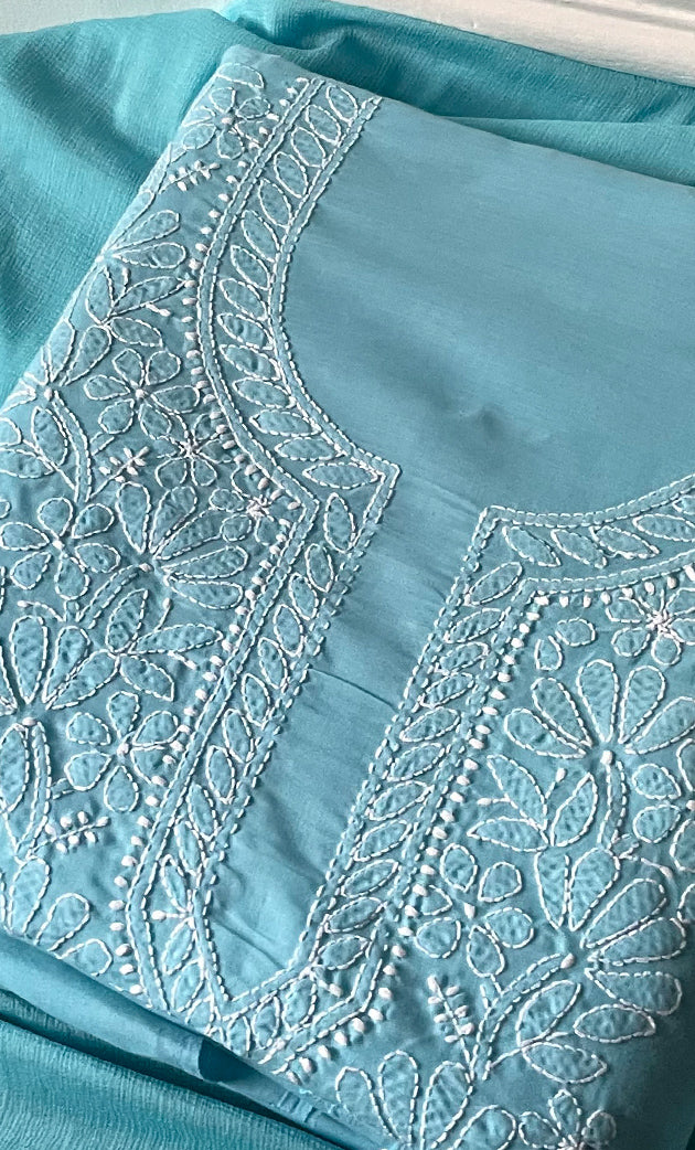 Women's Lakhnavi Handcrafted Unstitched Cotton Chikankari Suit Material - HONC0321791