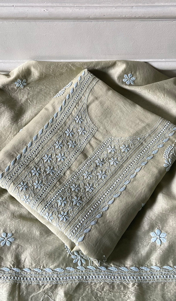 Women's Lakhnavi Handcrafted Chanderi Silk Unstitched Chikankari Full Suit - HONC0350702