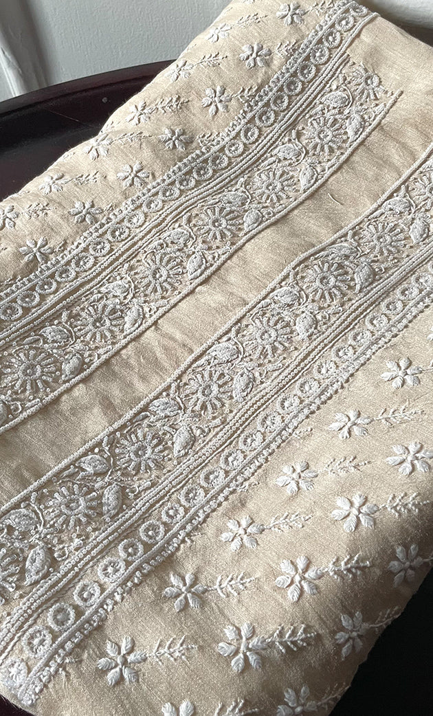 Lucknowi Handcrafted Munga Silk Chikankari Unstitched Unisex Kurta Fabric - HONC0319976