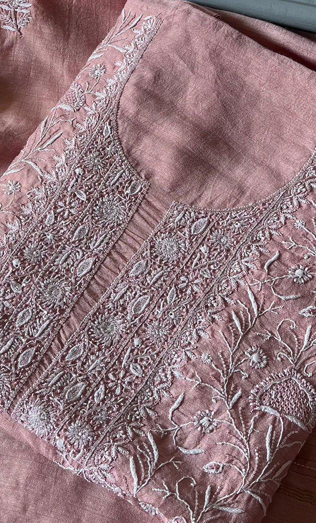 Women's Lakhnavi Handcrafted Munga Silk Unstitched Chikankari Kurta And Dupatta Set- HONC0267021