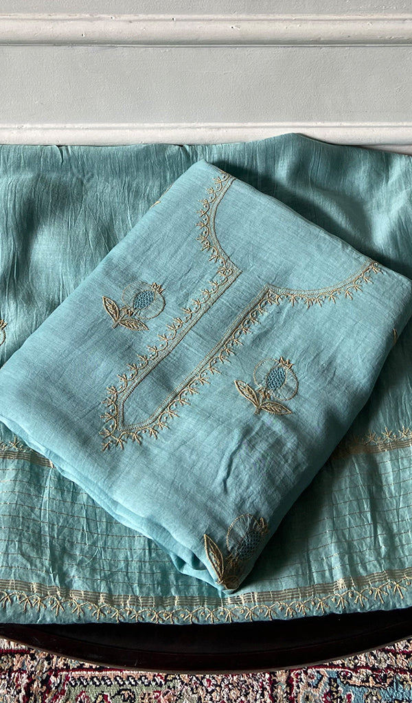 Women's Lakhnavi Handcrafted Chanderi Silk Unstitched Chikankari Full Suit - HONC0345273