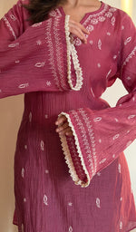 Rust Pure Mul Chanderi Chikankari Stitched Short Kurti