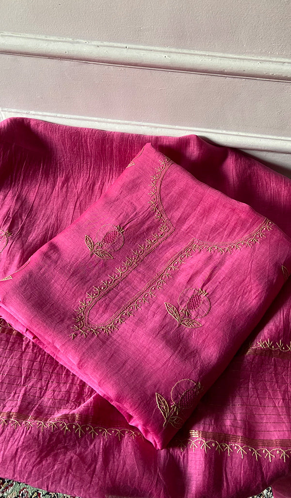 Women's Lakhnavi Handcrafted Chanderi Silk Unstitched Chikankari Full Suit - HONC035260