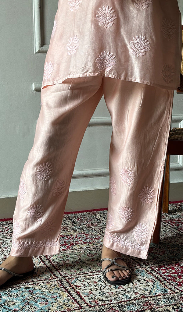 Women's Lakhnavi Handcrafted Chanderi Silk Chikankari Top And Pant Set - HONC0360677