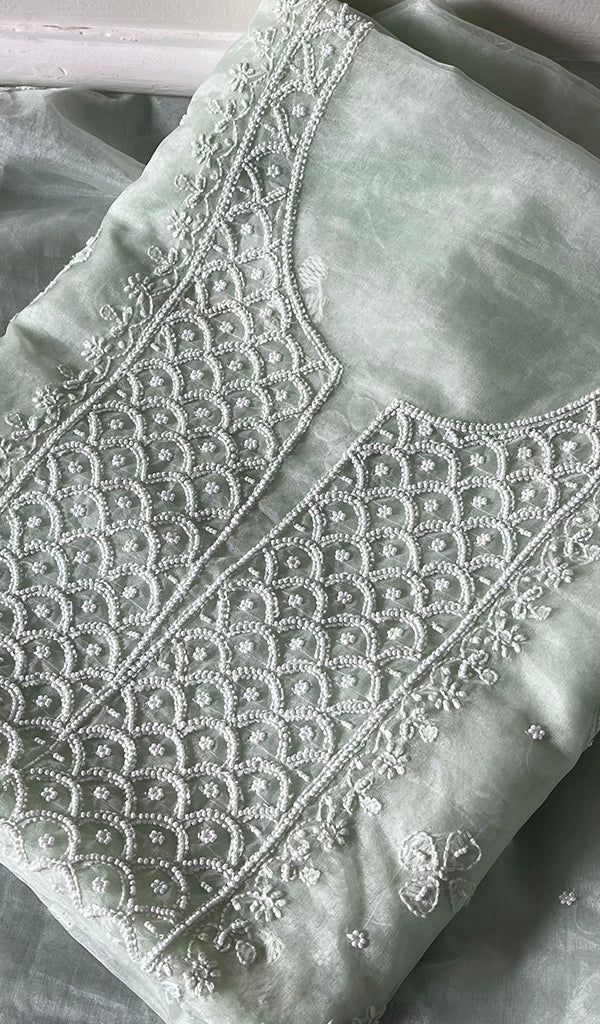 Women's Lakhnavi Handcrafted Organza Chikankari Unstitched Full Suit Material - HONC02712100