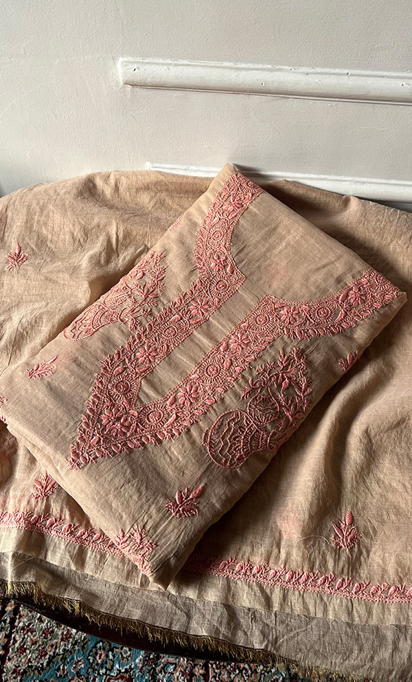 Women's Lakhnavi Handcrafted Mul Chanderi Unstitched Chikankari Full Suit Material - HONC0326121