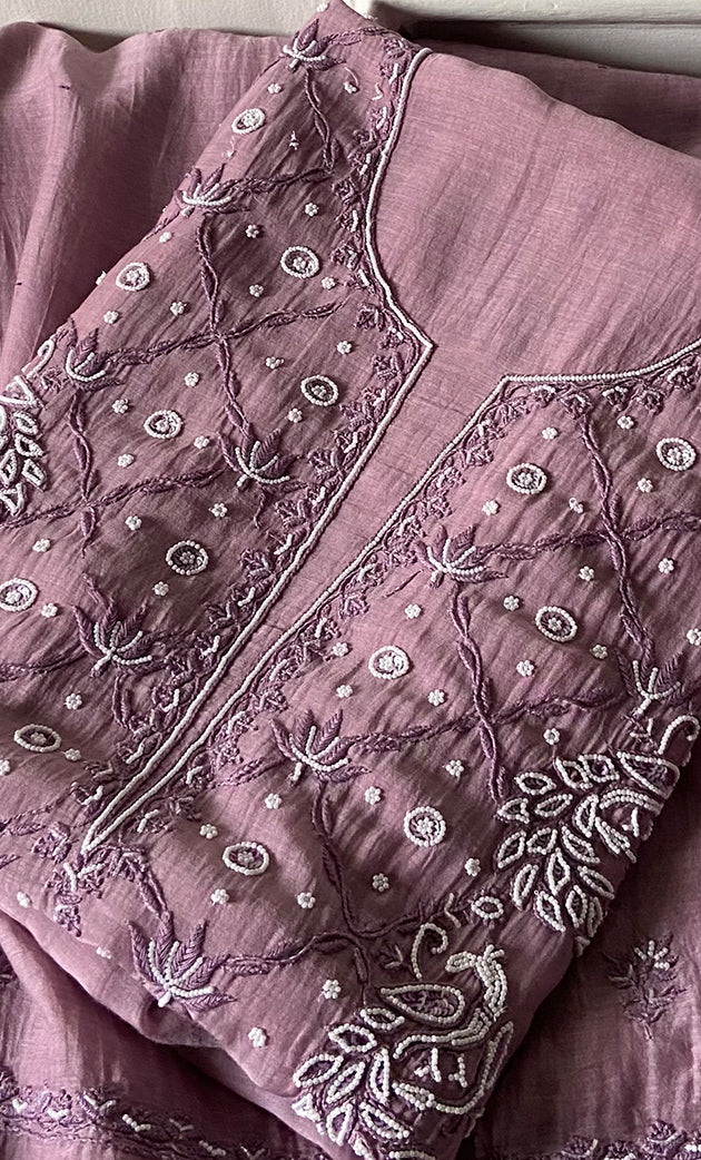 Shirin Women's Lakhnavi Handcrafted Mul Chanderi Unstitched Chikankari Full Suit Material - HONC0339566