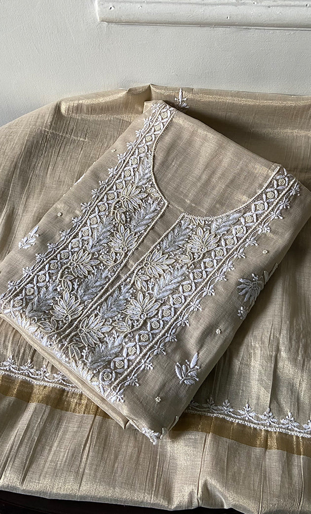 Women's Lakhnavi Handcrafted Tissue Chanderi Unstitched Chikankari Kurta And Dupatta Set - HONC0339371