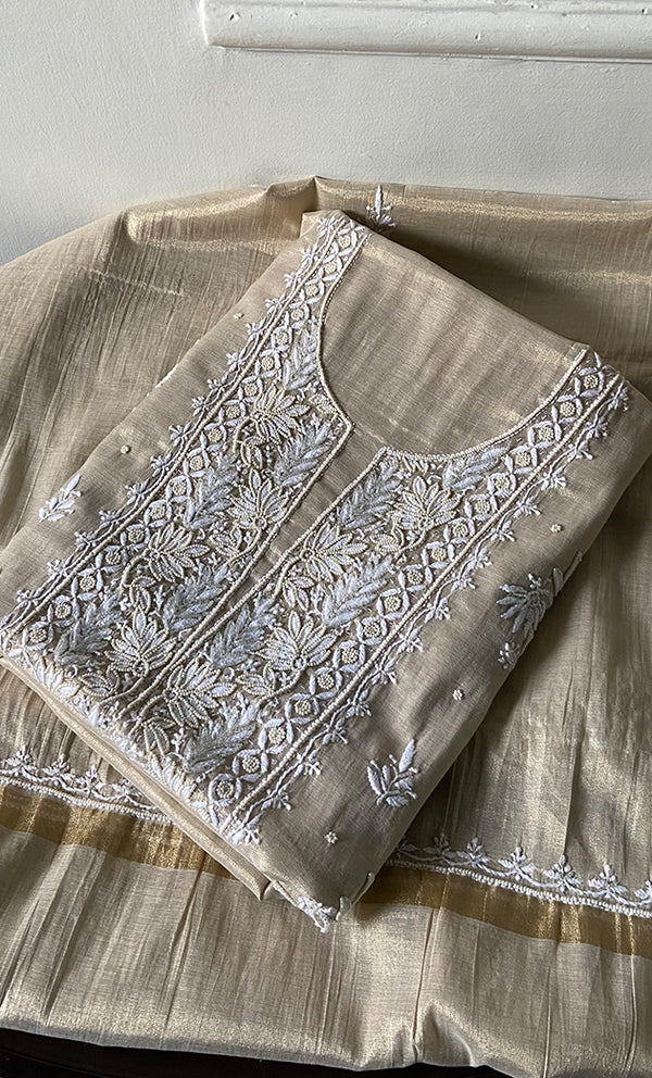 Women's Lakhnavi Handcrafted Tissue Chanderi Unstitched Chikankari Kurta And Dupatta Set - HONC0339371