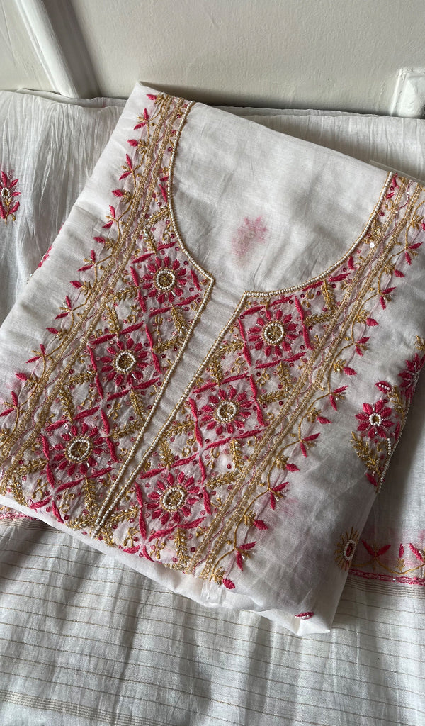 Women's Lakhnavi Handcrafted Mul Chanderi Unstitched Kurta And Dupatta Set - HONC0266914