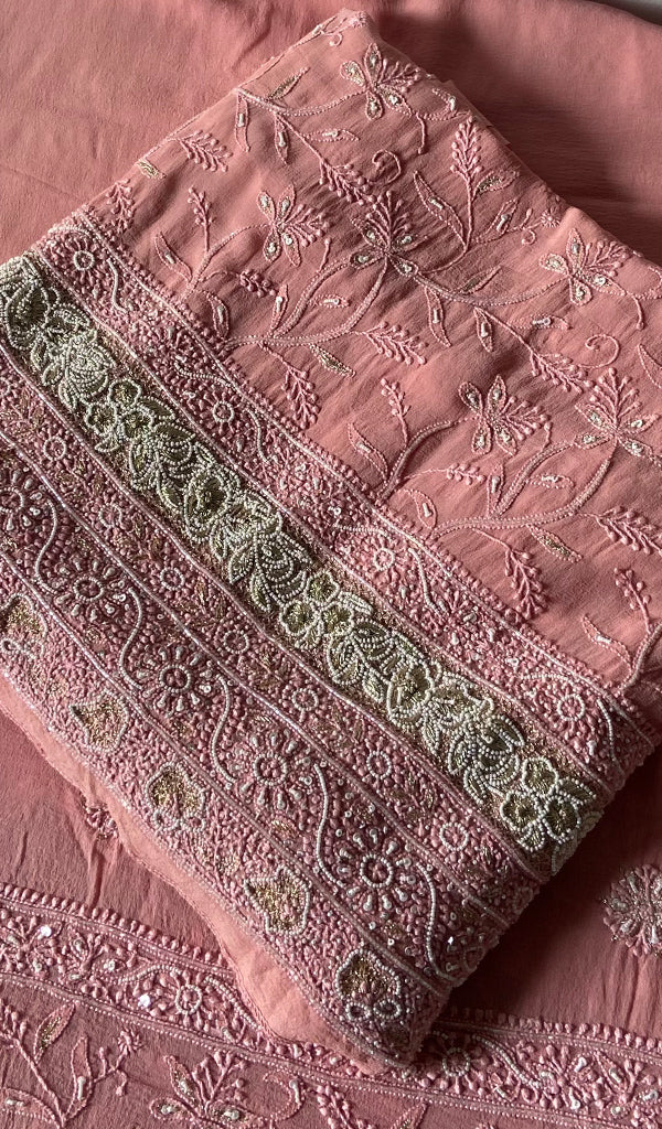 Women's Lakhnavi Handcrafted Pure Silk Georgette Unstitched Chikankari Kurta And Dupatta Set- HONC0271642