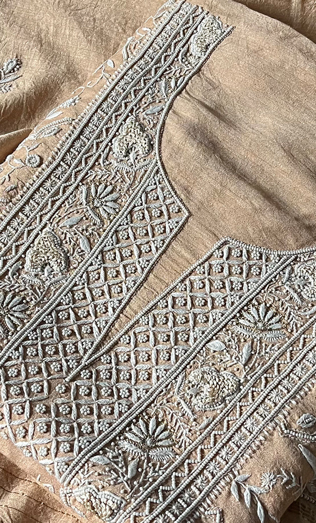 Women's Lakhnavi Handcrafted Munga Silk Unstitched Chikankari Kurta And Dupatta Set- HONC0283181