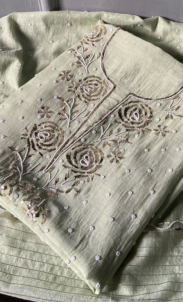 Women's Lakhnavi Handcrafted Mul Chanderi Unstitched Chikankari Full Suit Material - HONC0311937