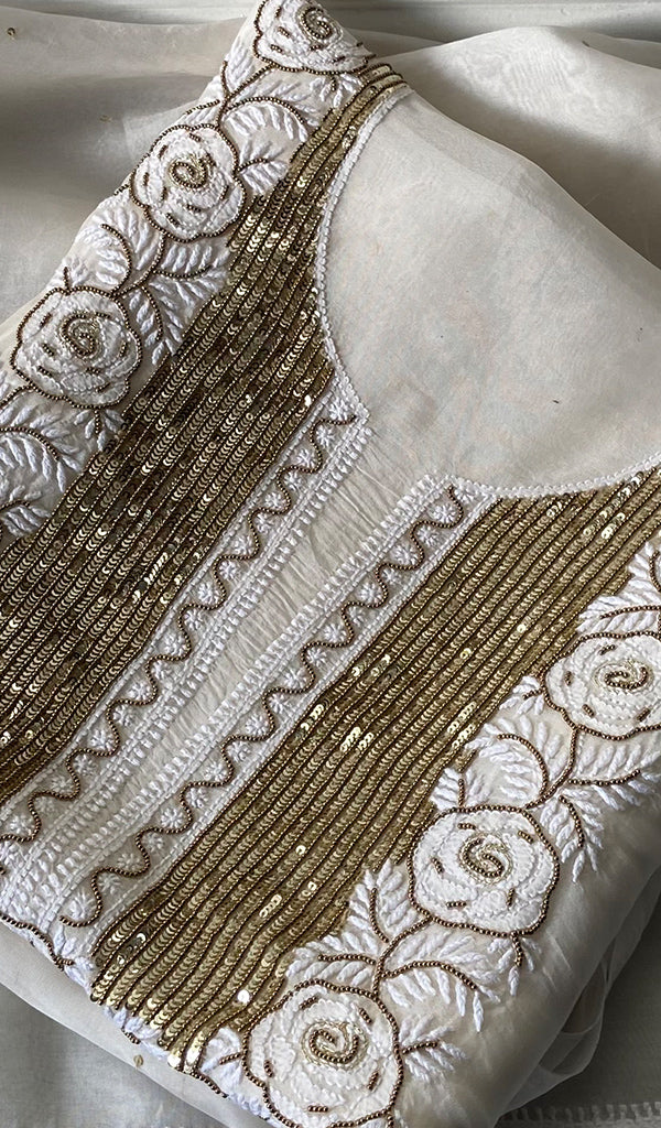 Women's Lakhnavi Handcrafted Pure Organza Chikankari Unstitched Kurta And Dupatta Set- HONC0359794