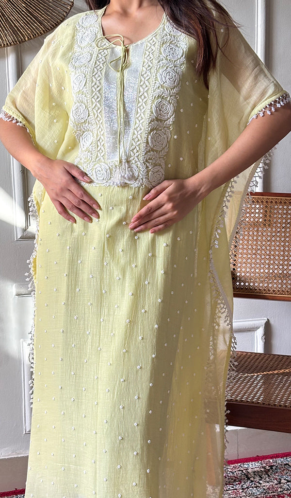 Women's Lucknowi Handcrafted Mul chanderi Chikankari Kaftan - HONC0164615