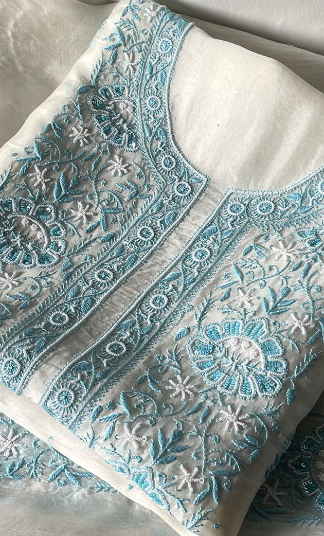 Women's Lakhnavi Handcrafted Pure Organza Chikankari Unstitched Kurta And Dupatta Set- HONC0321293