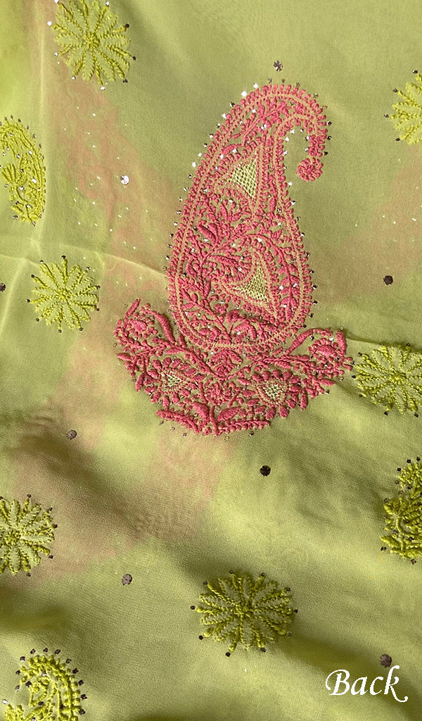 Lakhnavi 手工纯丝乔其纱 Chikankari 库尔塔和杜帕塔套装 - N43030