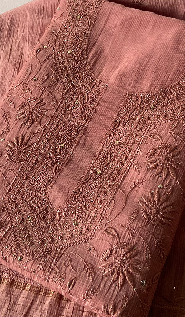 Women's Lakhnavi Handcrafted Maheswari Mul Chanderi Unstitched Chikankari Full Suit Material - HONC0278101