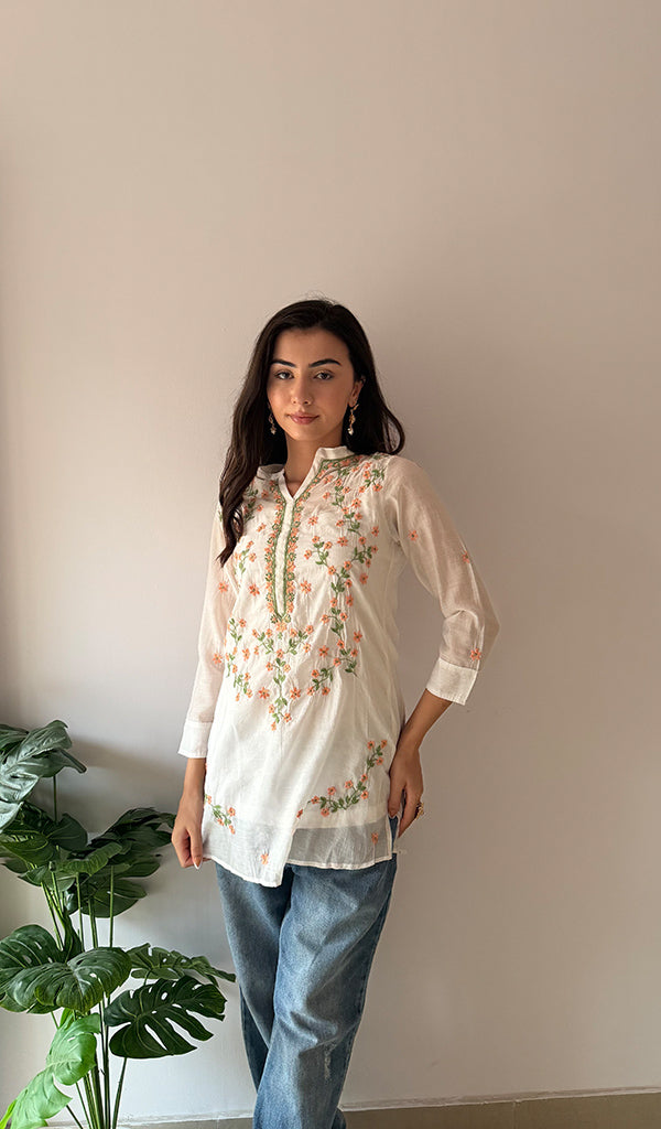 Sophia Women's Lakhnavi Handcrafted Mul Chanderi Chikankari Top - HONC0373010