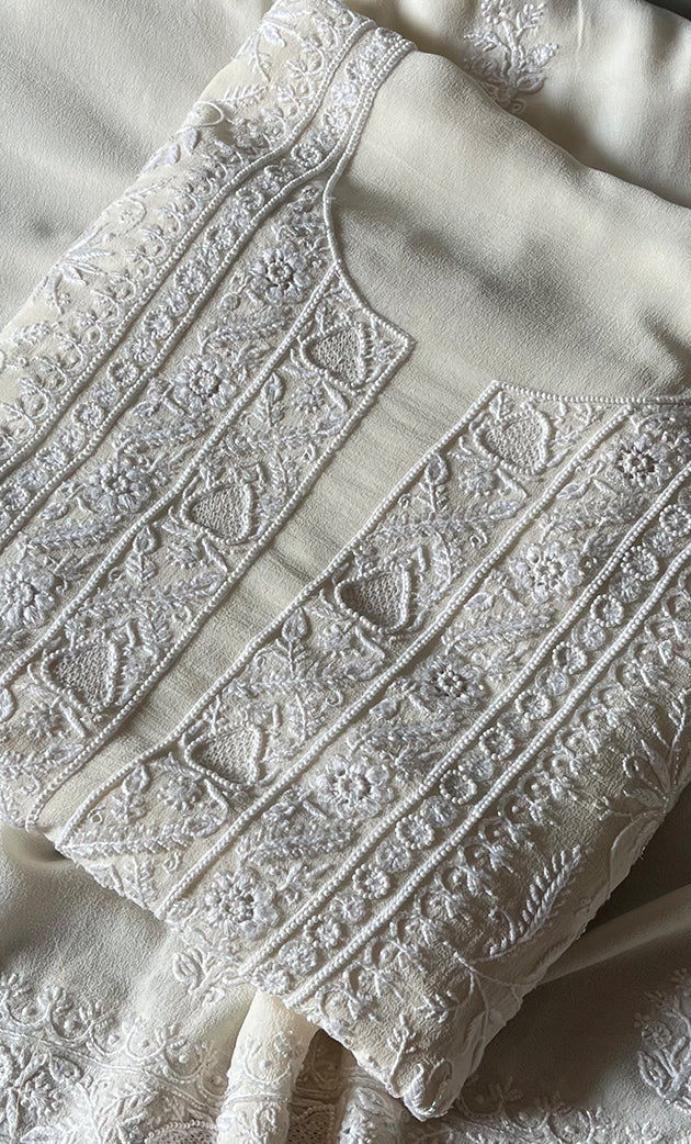Women's Lakhnavi Handcrafted Pure Silk Georgette Chikankari Kurta And Dupatta Set- HONC0258090