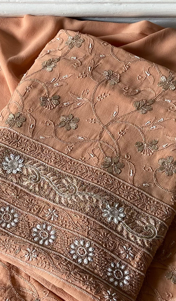 Women's Lakhnavi Handcrafted Pure Silk Georgette Chikankari Kurta And Dupatta Set - HONC0271654