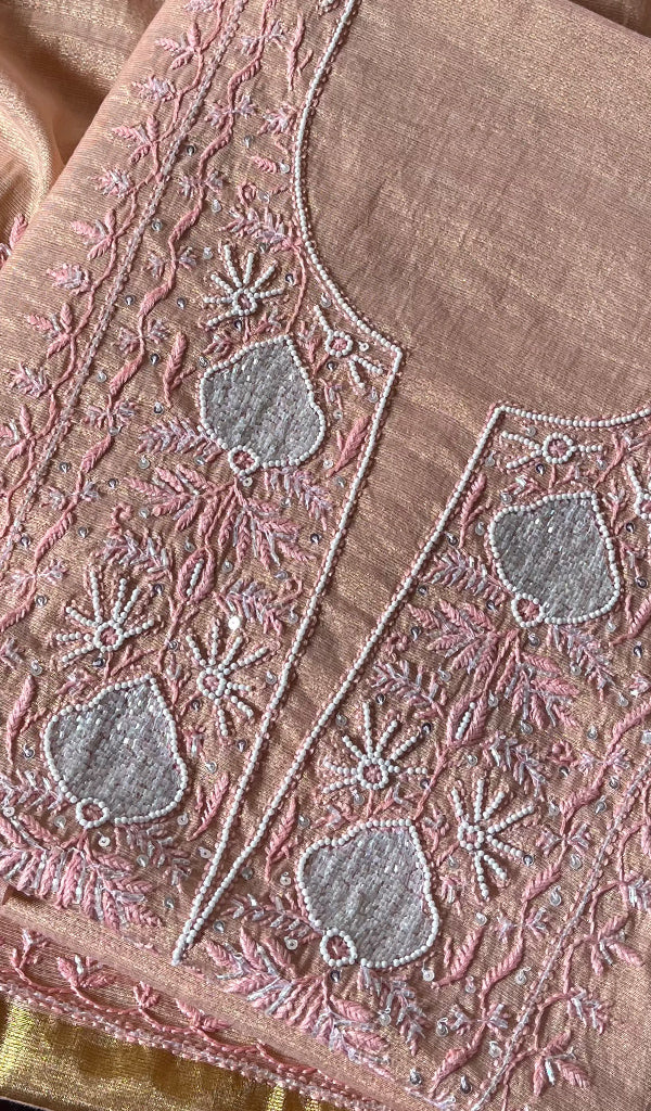 Women's Lakhnavi Handcrafted Tissue Chanderi Chikankari Suit Material - HONC0275987