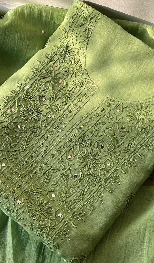 Women's Lakhnavi Handcrafted Mul Chanderi Chikankari Full Suit Material - HONC0282290