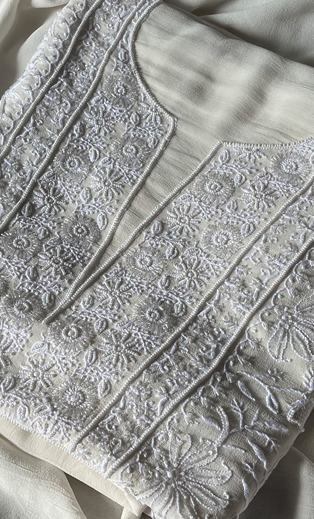 Women's Lakhnavi Handcrafted Pure Silk Georgette Chikankari Kurta And Dupatta Set- HONC0289957