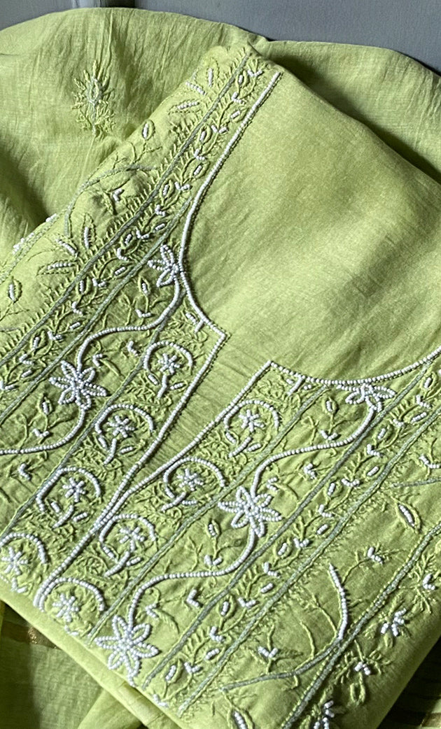 Baseema Women's Lucknowi Handcrafted Chanderi Silk Chikankari Full Suit Material - HONC0278001