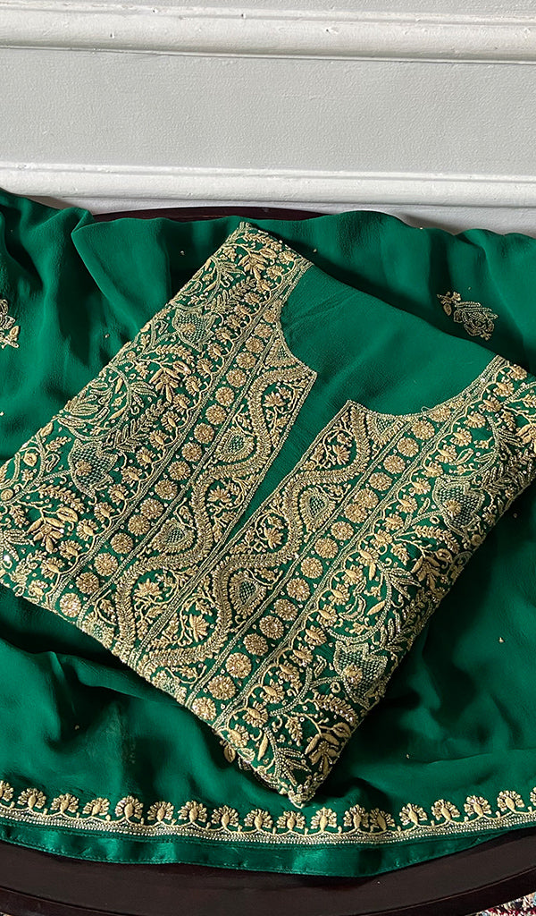 Women's Lakhnavi Handcrafted Pure Silk Georgette Chikankari Kurta And Dupatta Set - HONC0346863