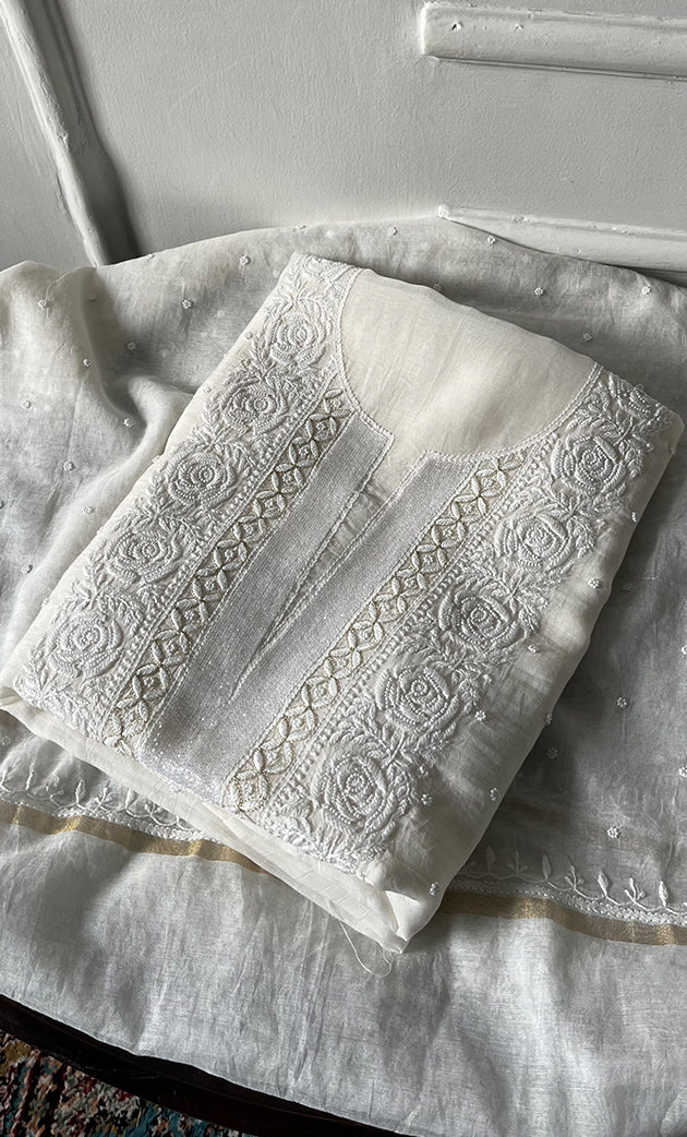 Jazba Women's Lakhnavi Handcrafted Mul Chanderi Unstitched Kurta And Dupatta Set- HONC0334538