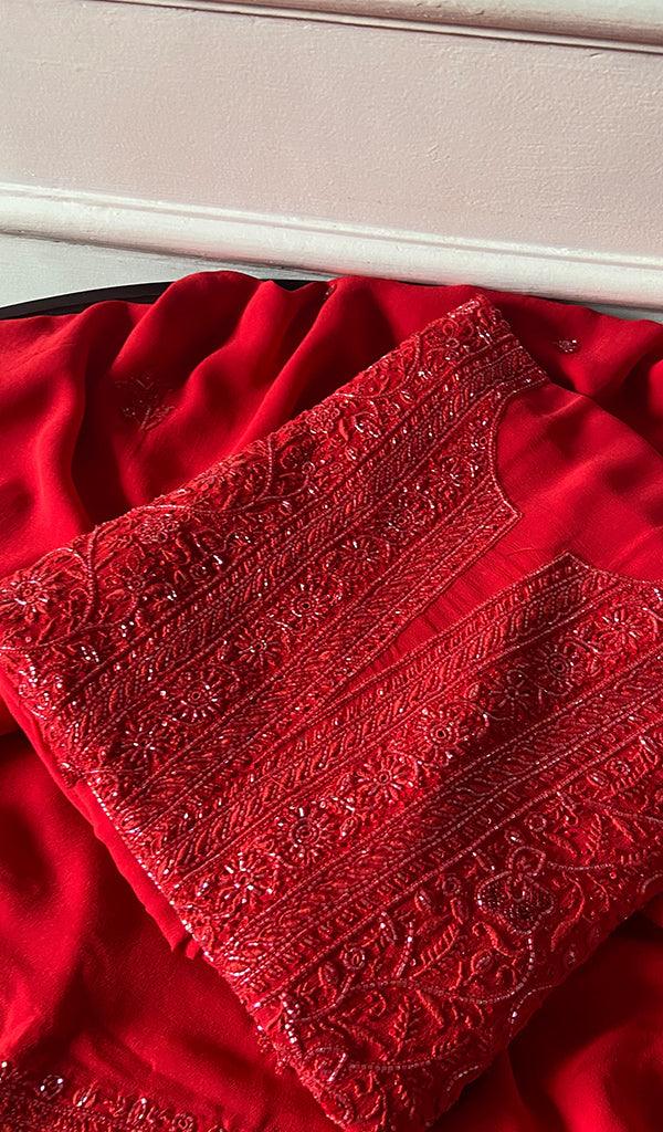 Women's Lakhnavi Handcrafted Pure Silk Georgette Chikankari Unstitched Kurta And Dupatta Set - HONC0346864