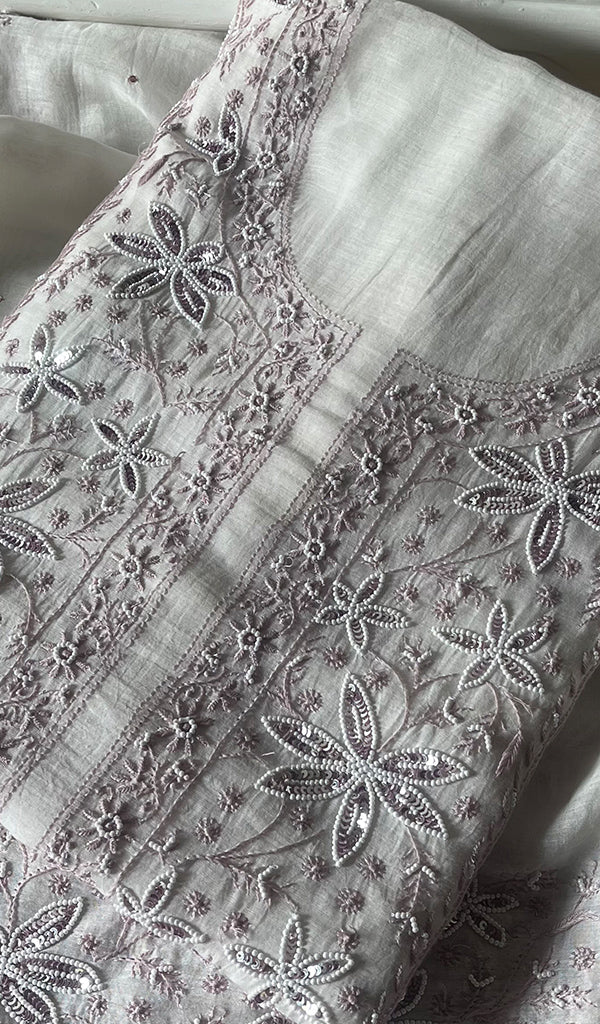 Women's Lakhnavi Handcrafted Mul Chanderi Unstitched Kurta And Dupatta Set - HONC0288876