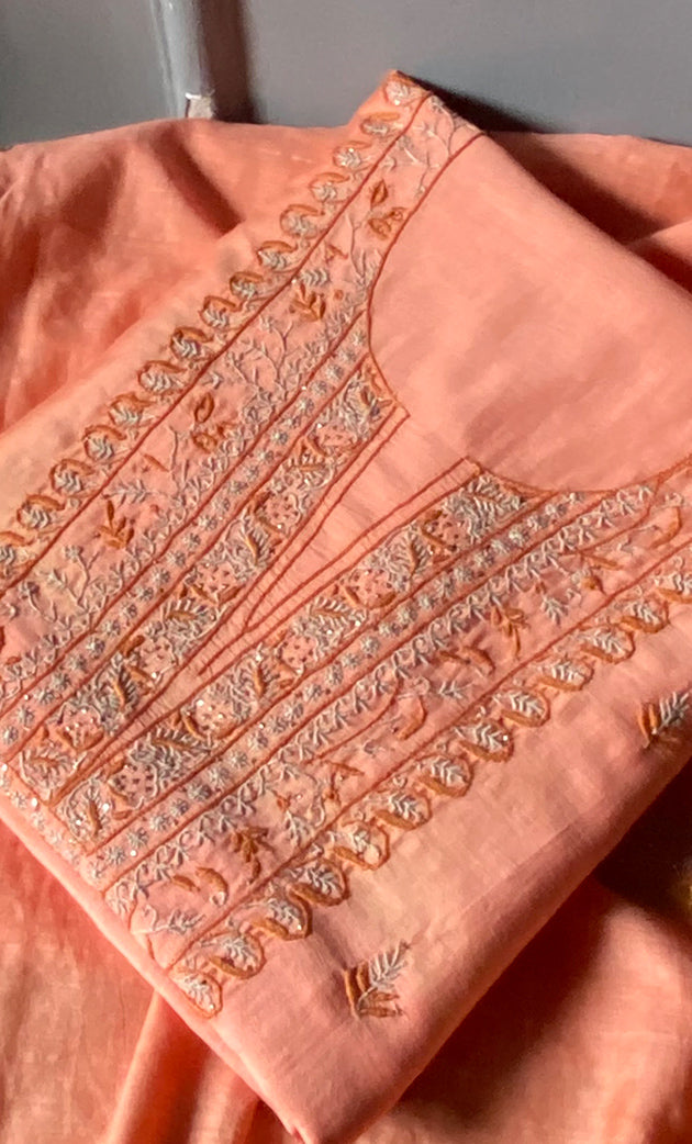 Women's Lucknowi Handcrafted Chanderi Silk Chikankari Full Suit Material - HONC020065