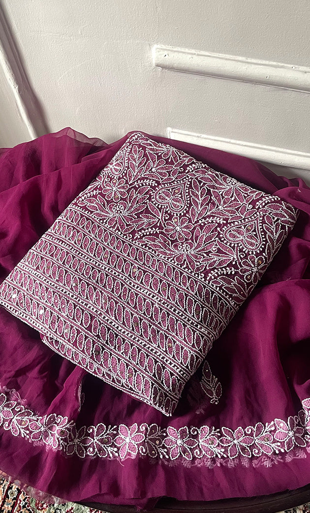 Women's Lucknowi Handcrafted Faux-Georgette Chikankari Suit Material - HONC03263374