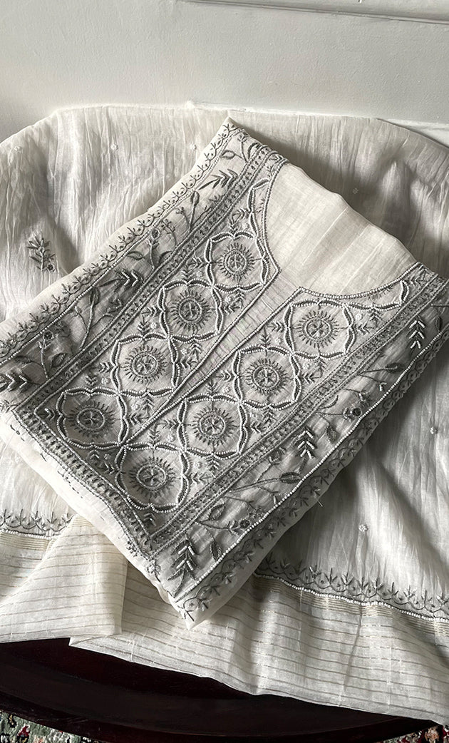 Women's Lakhnavi Handcrafted Unstitched Mul Chanderi Kurta And Dupatta Set - HONC0327483