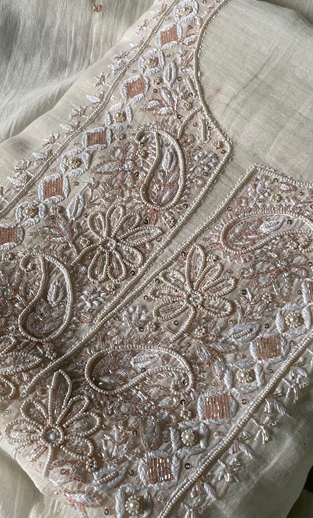 Women's Lakhnavi Handcrafted Mul Chanderi Unstitched Kurta And Dupatta Set- HONC0313318
