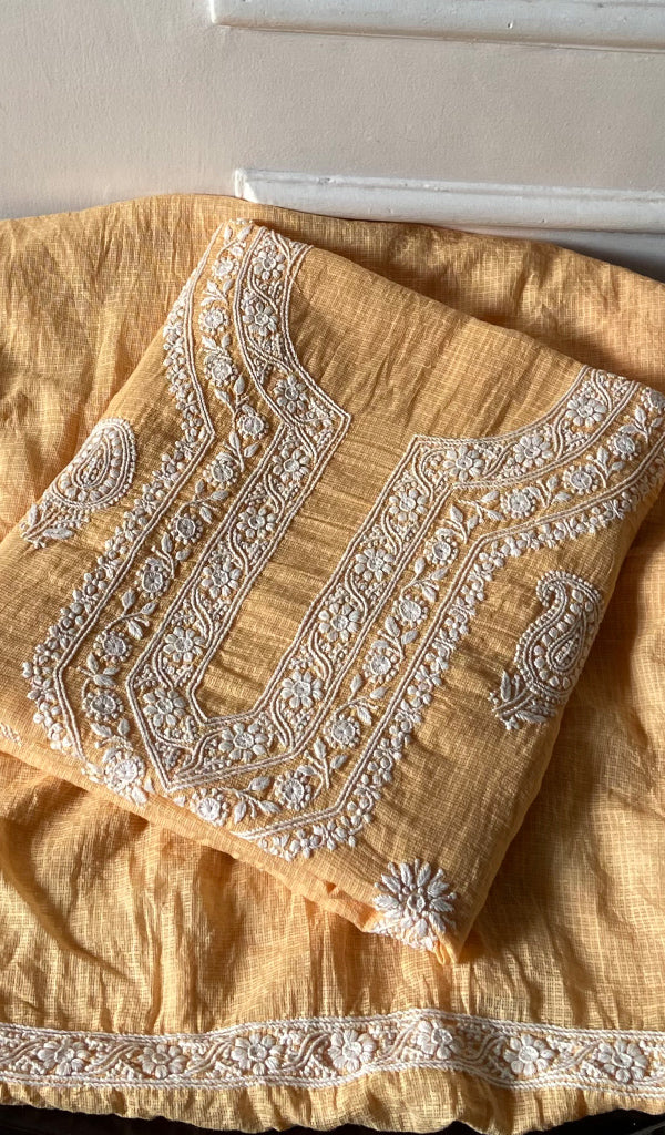 Women's Lucknowi Handcrafted Kota Cotton Chikankari Unstitched Kurta And Dupatta Set - HONC0371819