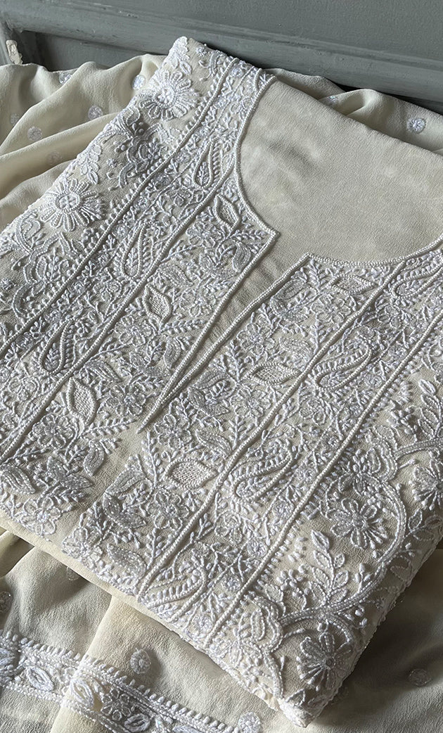 Women's Lakhnavi Handcrafted Pure Silk Georgette Chikankari Kurta And Dupatta Set- HONC0257222
