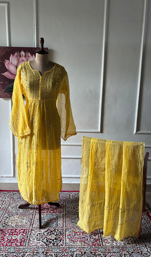 Women's Lakhnavi Handcrafted Mul Chanderi Semi - Stitched Kurta And Dupatta Set - HONC0326208