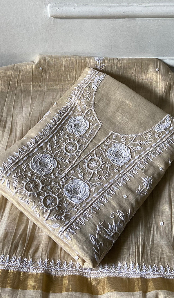 Women's Lakhnavi Handcrafted Tissue Chanderi Unstitched Chikankari Kurta And Dupatta Set - HONC0347896