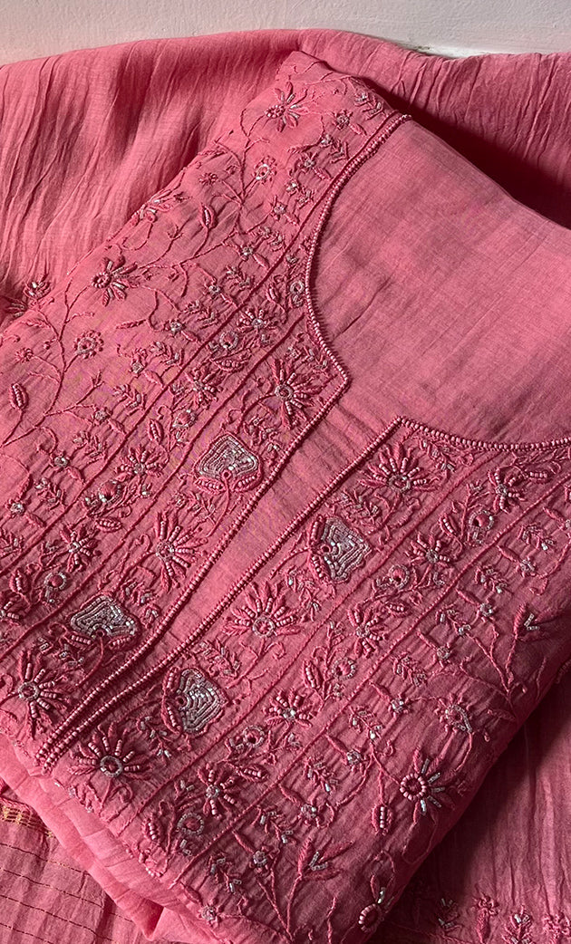 Women's Lakhnavi Handcrafted Mul Chanderi Unstitched Kurta And Dupatta Set - HONC0278924