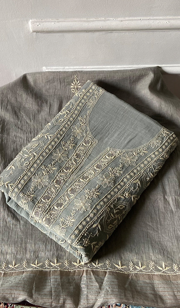 Women's Lakhnavi Handcrafted Mul Chanderi Unstitched Chikankari Full Suit - HONC0353415