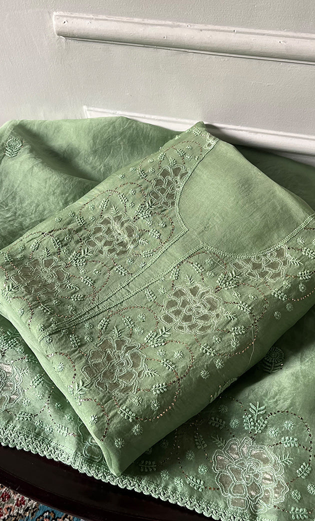 Mainaaj Women's Lakhnavi Handcrafted Pure Organza Chikankari Unstitched Kurta And Dupatta Set - HONC0330934