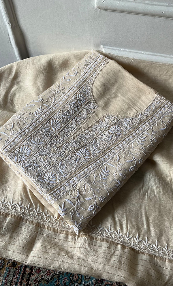 Women's Lakhnavi Handcrafted Unstitched Munga Silk Chikankari Kurta And Dupatta Set- HONC0275148