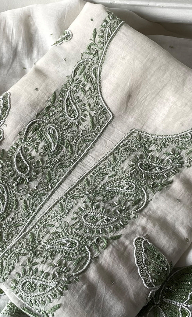 Women's Lakhnavi Handcrafted Unstitched Mul Chanderi Kurta And Dupatta Set - HONC0304154