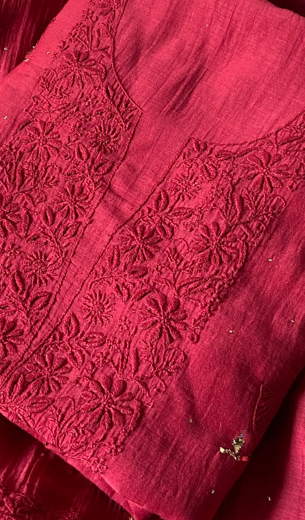 Women's Lakhnavi Handcrafted  Maheshwari  Mul Chanderi Kurta And Dupatta Set - HONC0288853